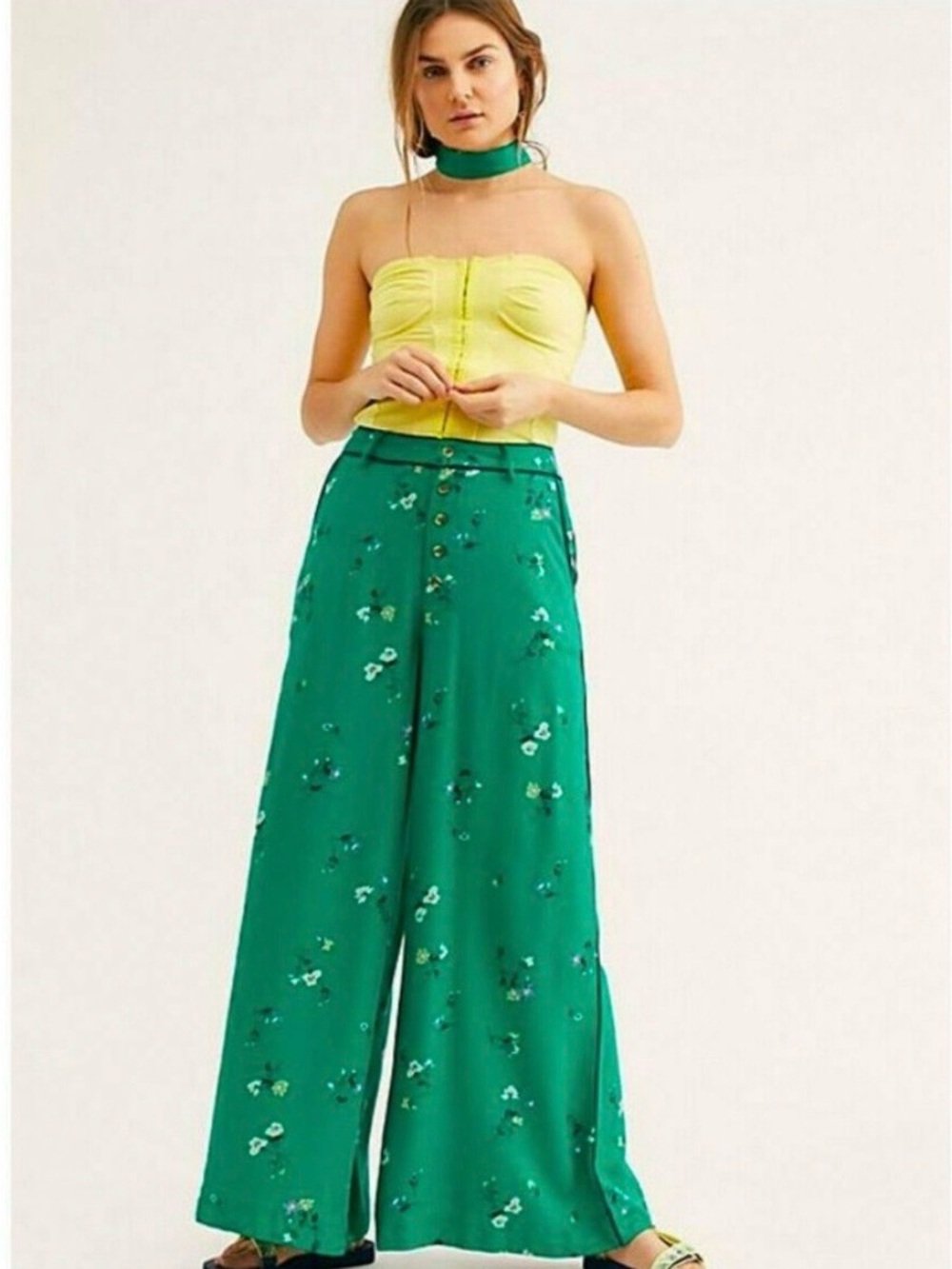 Free People Emerald Floral Wide-Leg Pants